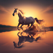 White Horse Splashing On Water At Sunset, Generative Ai