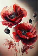 Watercolor Painting Of Ornamental Red Poppies Artistic Beauty, Generative Ai
