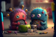 Group Of Cute Little Baby Alien Monsters Working And Crafting. Colorful Monster Aliens Children In A Workshop. Generative AI Illustrations
