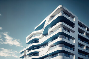 Sticker - A portion of a contemporary, opulent residential building idea. A contemporary residential complex under a blue sky on a beautiful day. Generative AI