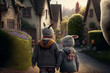 Back view the bunny children wearing sweatshirt and hat, delivering wrapped easter eggs, in their village. Generative AI