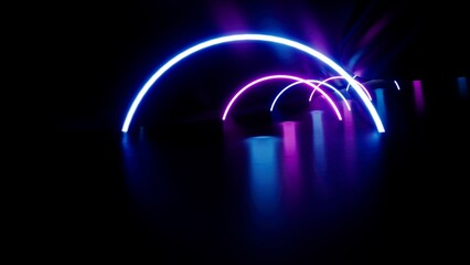 Wall Mural - Glowing neon arc lights on the metal floor, 3d rendering