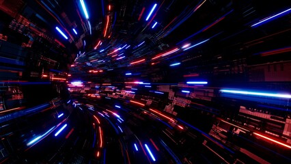 Poster - Shining red and blue technology data tunnel background 3d rendering