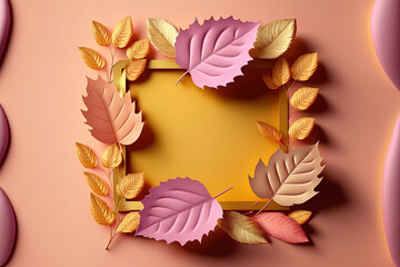 Golden autumn leaves in various shapes on a pink backdrop Autumnal idea and backdrop Autumn leaf frames with a simple flower design and copy space Creative composition in the fall season An anime styl