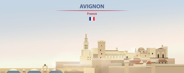 Fototapete - Avignon cityscape on sunrise sky background with bright sun shine. Vector illustration