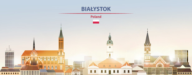 Fototapete - Bialystok cityscape on sunrise sky background with bright sunshine. Vector illustration