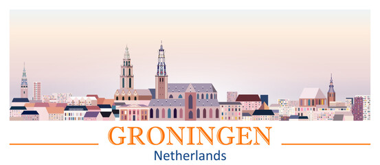 Poster - Groningen skyline in bright color palette vector illustration