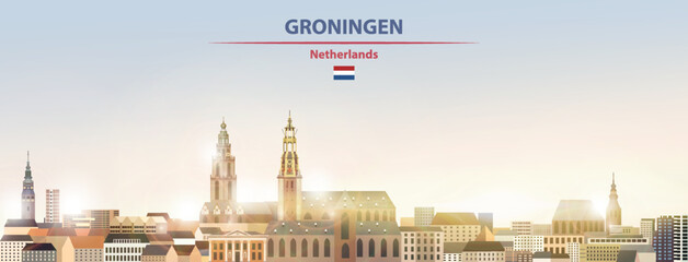 Fototapete - Groningen cityscape on sunrise sky background with bright sunshine. Vector illustration