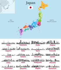 Fototapete - Japan map with main cities on it. Japanese cities skylines illustrations in black and white color palette. Vector set