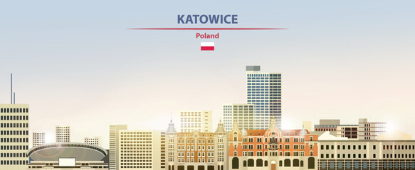 Fototapete - Katowice cityscape on sunrise sky background with bright sunshine. Vector illustration