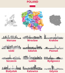 Fototapete - Poland map with main cities on it. Polish cities skylines illustrations in black and white color palette. Vector set