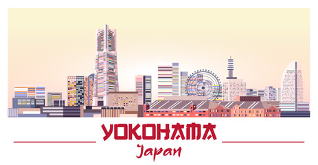 Fototapete - Yokohama skyline in bright color palette vector illustration