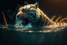 Generative AI Digital Art Of An Tiger Swimming In Water, Illustration