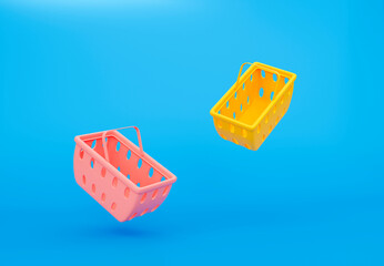 Fototapete - 3D red and yellow flying basket shopping on blue background. Pastel colors. 3d Rendering illustration