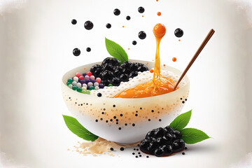 Sticker - Bubble tea ingredients mixed alone on a white backdrop. Tapioca pearls in bowl. Generative AI