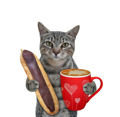 Wall Mural - Cat gray with chocolate eclair and coffee