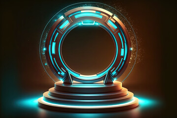 teleport podium in a circle. Stage with holograms and portal neon in the future. Magical science fiction energy in a brilliant swirl frame. Fantasy game magic gate Template for a product stand and dis