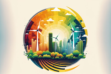 Wall Mural - Logo for the circular economy with city buildings in the backdrop and wind turbines and solar panels. The objective of a sustainable approach is to reduce waste and pollution while using renewable and