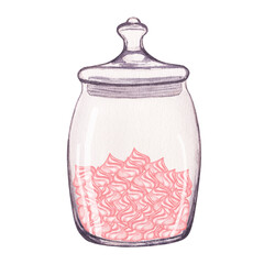 Wall Mural - Transparent glass jar with sweet pink meringue marshmallow inside. Hand-drawn watercolor illustration isolated on white background. Valentine's day