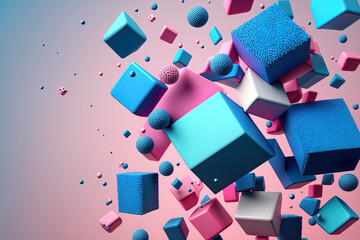 closeup 3d blue and pink illustration different cube flying. generative ai