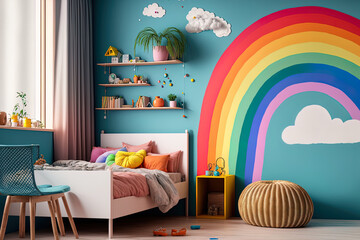 Canvas Print - Cute interior of a child's room with a gorgeous rainbow painted on the wall. Generative AI