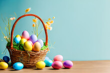Easter Eggs In A Basket With Flowers, Easter 2023, Easter 2023 Eggs Decorated In A Basket Along With Flowers, Happy Easter Holiday Celebration 