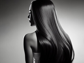 Woman with beautiful healthy shiny long hair, rear view. Digitally AI generated image.