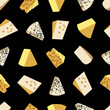 Seamless pattern with cheese on black background, vector illustration