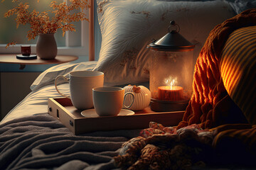 Sticker - a still life in the fall Composition of a cozy bedroom in the autumnal style, with candles flickering, a glass of tea, and a stack of warm sweaters on the bedside table. Generative AI