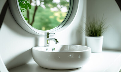 Modern vessel sink on countertop in bathroom with a beautiful view from the window. Interior design elements. digital illustration