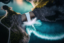 Sustainable Hydropower, Hydroelectricity Generation, Renewable Energy To Limit Global Warming, Aerial View, Decarbonize, And Summer Are All Produced By A Dam And Reservoir Lake In The Swiss Alps Highl
