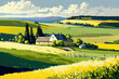 Sunny summer day in a rural setting with a settlement. Lovely view of fields in the summer with green hills, a brilliant blue sky, and a home. country upbringing. scenery that is green with yellow fie