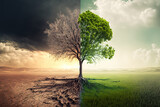 Fototapeta  - A global warming concept image showing the effect of arid land with tree changing environment, Concept of climate change