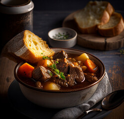 Beef stew portion in a big bowl on the rusty wooden table close-up view, goulash dinner with bread, tasty meat dish with carrots and potato in wine sauce, Generative AI