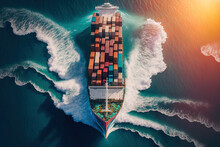 Aerial Side View Of A Cargo Ship Transporting Containers While Moving Toward Custom Ocean Idea Technology Transportation, Customs Clearing, And Exporting Products From A Cargo Yard Port. Aheader Mast