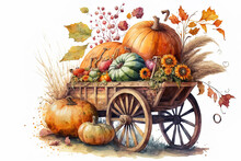 Wooden Cart With Watercolor Painting Of Pumpkins And Seasonal Plants. Illustration Of Autumn, The Harvest, And October Farming. Generative AI