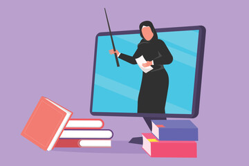 Wall Mural - Character flat drawing Arab female teacher teaching, half of her body is out of computer monitor screen with pile of book. internet class. Online learning concept. Cartoon design vector illustration