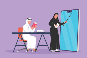 Wall Mural - Graphic flat design drawing female teacher standing in front of smartphone screen holding book, teaching Arab senior high school student sitting on chair near desk. Cartoon style vector illustration