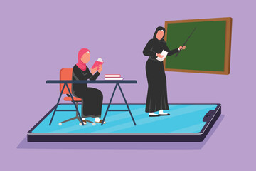 Wall Mural - Character flat drawing Arabian female teacher teaching cute little girl junior high school student who sitting on chair near desk and studies on smartphone screen. Cartoon design vector illustration