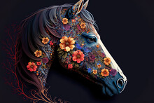 Horse Head Ornamented With Flowers. Generative AI