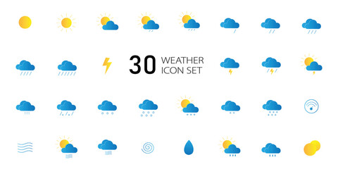 set of blue weather or meteorological icons with seasons, sun, rain, clouds, cyclone, winter freeze,