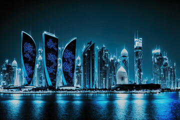 Sticker - DUKHAN, QATAR, MAY 5, 2022 Background of the Doha skyline at night during the 2022 FIFA World Cup. Qatar 2022 World Cup of Soccer wallpaper in blue with a backdrop edit. Generative AI