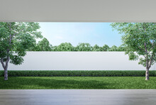 Empty Wooden Terrace With Green Lawn Garden And Nature View Background 3d Render Illustration