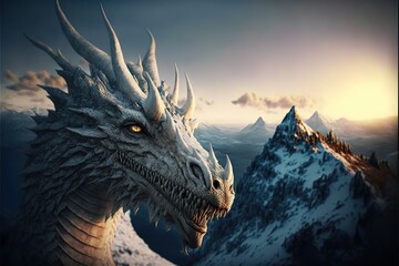 Wall Mural - A stunning white dragon on a mountain top whilst overlooking the surrounding landscape.