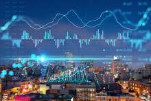 Roof Top Panoramic City View Of San Francisco At Night Time, Midtown Skyline, California, United States. Forex Candlestick Graph Hologram. The Concept Of Internet Trading, Brokerage, Analysis