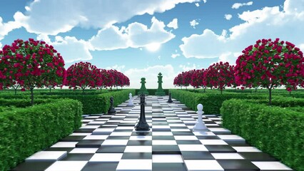 Maze garden 3d render illustration. Chess, trees with red flowers and clouds in the sky. Alice in wonderland theme.	