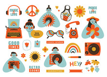 Creative Set Of Retro Groovy Clipart. Cheerful, Joyful, Abstract Flat Person, Girl, Boy, Typewriter, Vinyl Record, Flower, Peace Symbol, Glasses. Love For Music, World, Vintage, 60s Concept. 
