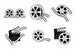 Set Abstract Black Simple Line Clapperboard And Film Reel Movie Cinema Film Video Doodle Outline Element Vector Design Style Sketch Isolated Illustration