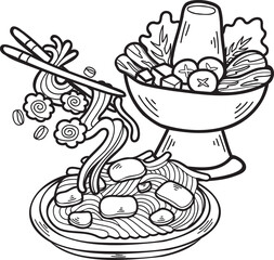 Wall Mural - Hand Drawn Hot Pot and Noodles Chinese and Japanese food illustration