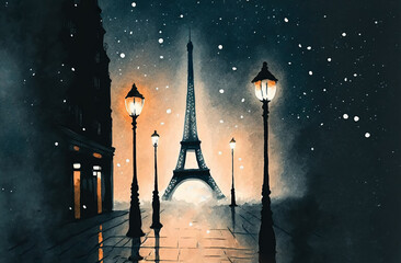Wall Mural - Eiffel tower in the Paris night light, Generative Ai